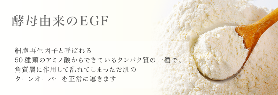 酵母由来のEGF 細胞再生因子と呼ばれる50種類のアミノ酸からできているタンパク質の一種で、角質層に作用して乱れてしまったお肌のターンオーバーを正常に導きます