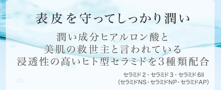 表皮を守ってしっかり潤い 潤い成分ヒアルロン酸と美肌の救世主と言われている浸透性の高いヒト型セラミドを3種類配合 セラミド2・セラミド3・セラミド6II（セラミドNS・セラミドNP・セラミドAP）